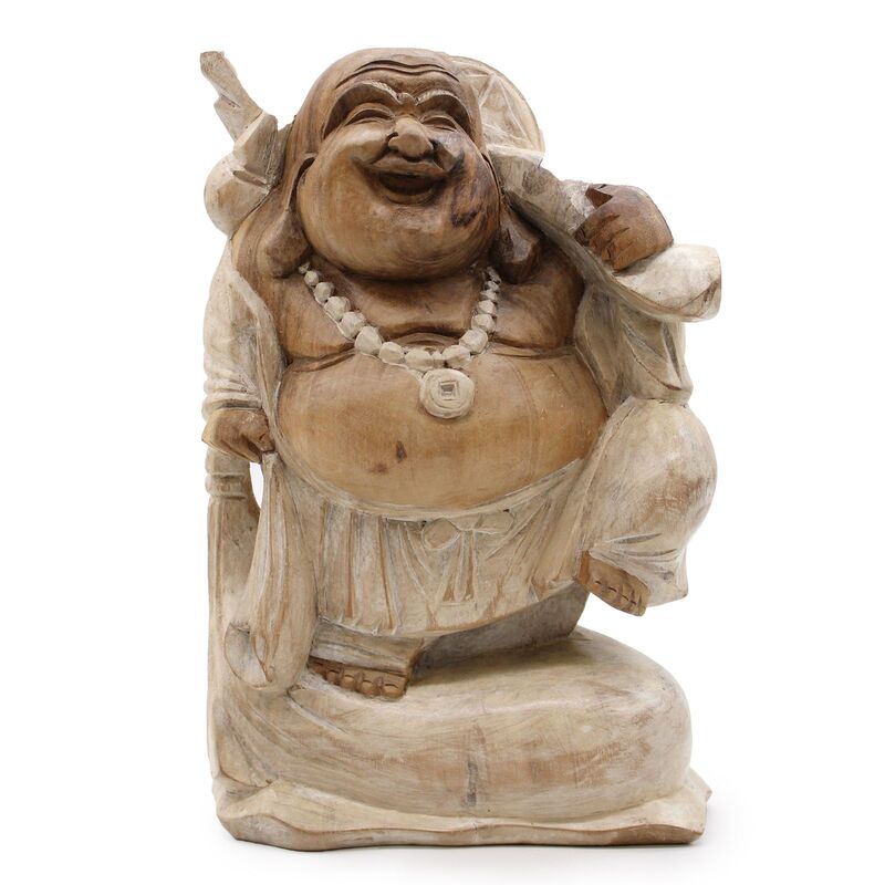 Happy Buddha Figurine - Whitewash Wood 30cm