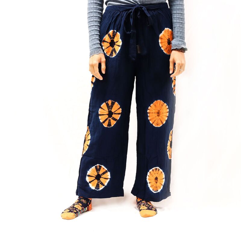 Linen-rayon Blend Wide-leg Trousers With Orange Circles - Navy - Medium