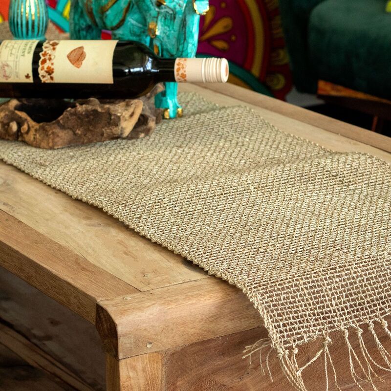 Seagrass Table Runner - Handwoven Natural 150x36cm Earthy Elegance Fringe Detail