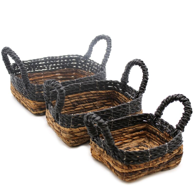 Banana Leaf & Hitam Raffia Square Baskets - Set Of 3 | Home Storage | Handcrafted