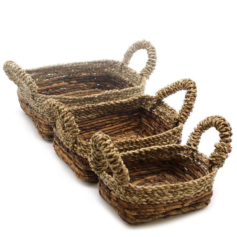 Hand-woven Banana Leaf & Seagrass Square Basket Set - Natural