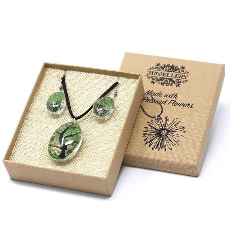 Pressed Flower Jewellery Set Tree Of Life - Green Necklace 3.7cm X 3cm 24g, Earrings 2.5cm X 1.7cm 14g, 70cm Necklace String, 12cm X 10cm X 3cm Gift B
