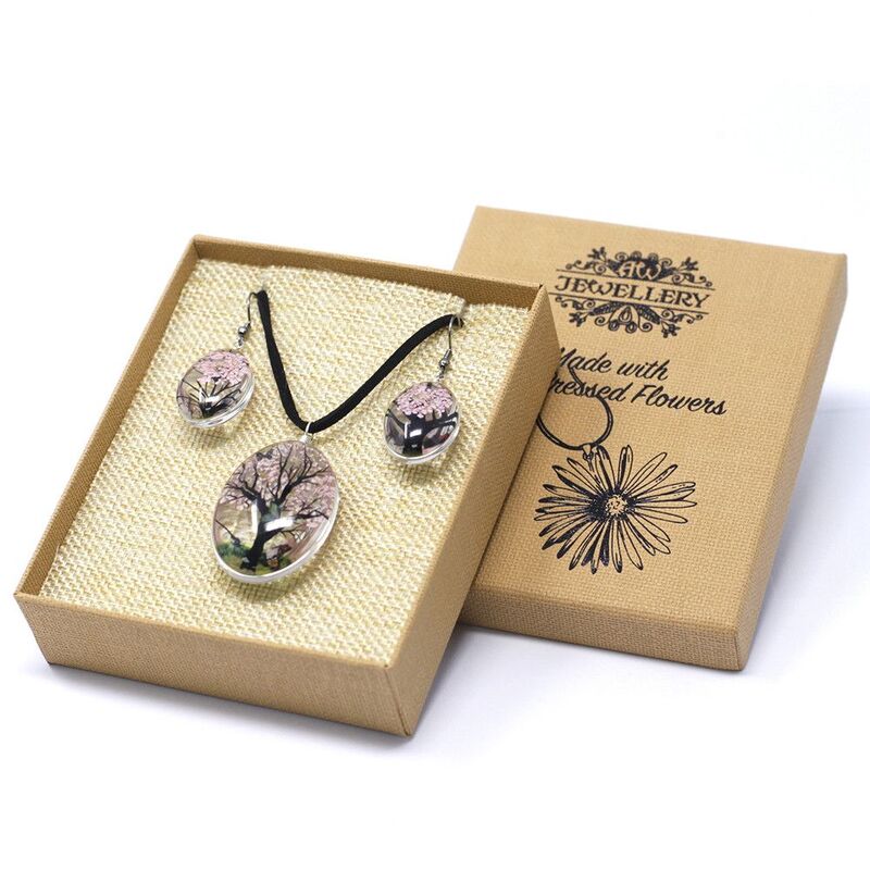 Real Pressed Flowers Jewellery Set - Tree Of Life - Pink Pendant 3.7x3cm Earrings 2.5x1.7cm Chain 70cm Gift Box 12x10x3cm