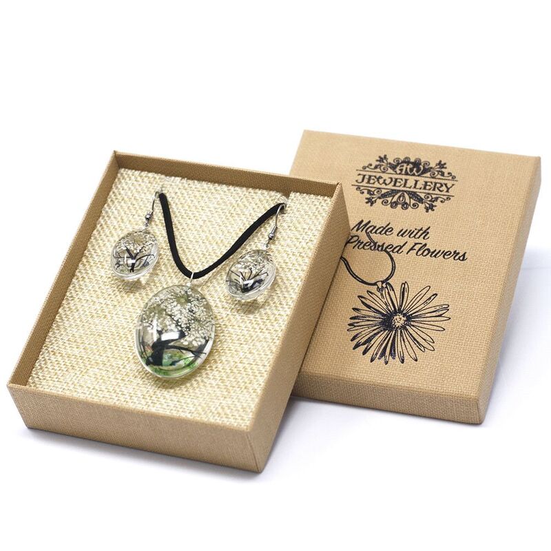 Pressed Flower Jewellery Set With Tree Of Life Pendant & 70cm Necklace - Clear Glass