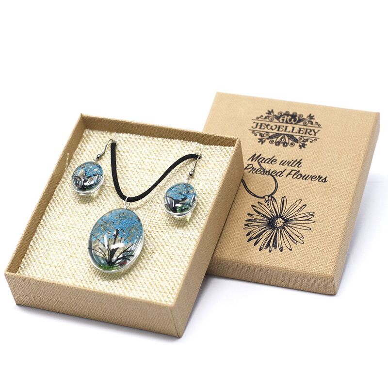 Pressed Flower Jewellery Set, Tree Of Life Pendant (3.7x3cm, 24g), 70cm Necklace, Teardrop Earrings (2.5x1.7cm, 14g)