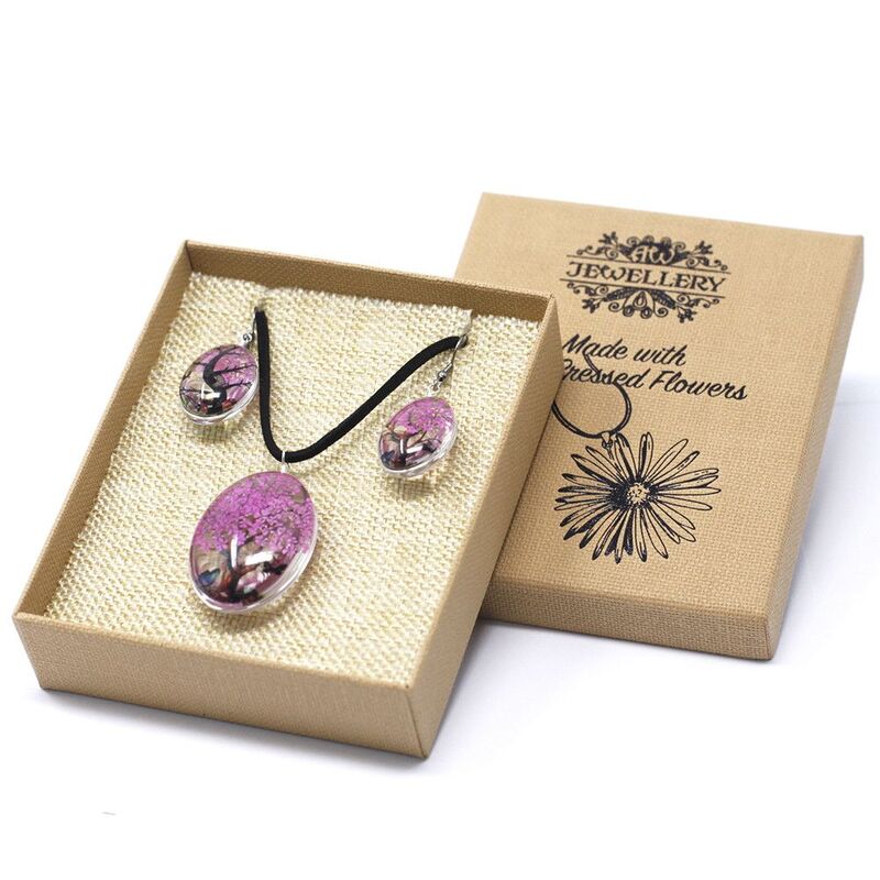 Tree Of Life Pressed Flower Jewellery Set - Genuine Flowers, Glass Pendant 3.7cm, 70cm Chain, Gift Box 12x10x3cm