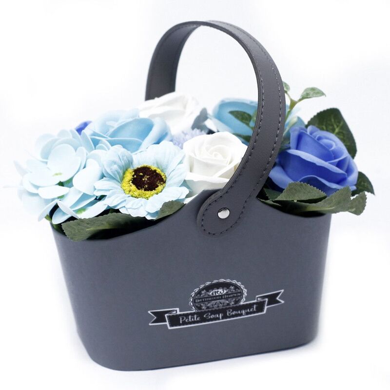 Floral Bath Melts Bouquet Petite Basket - Soothing Blues (6 Roses, 1 Hyacinth, 1 Carnation)