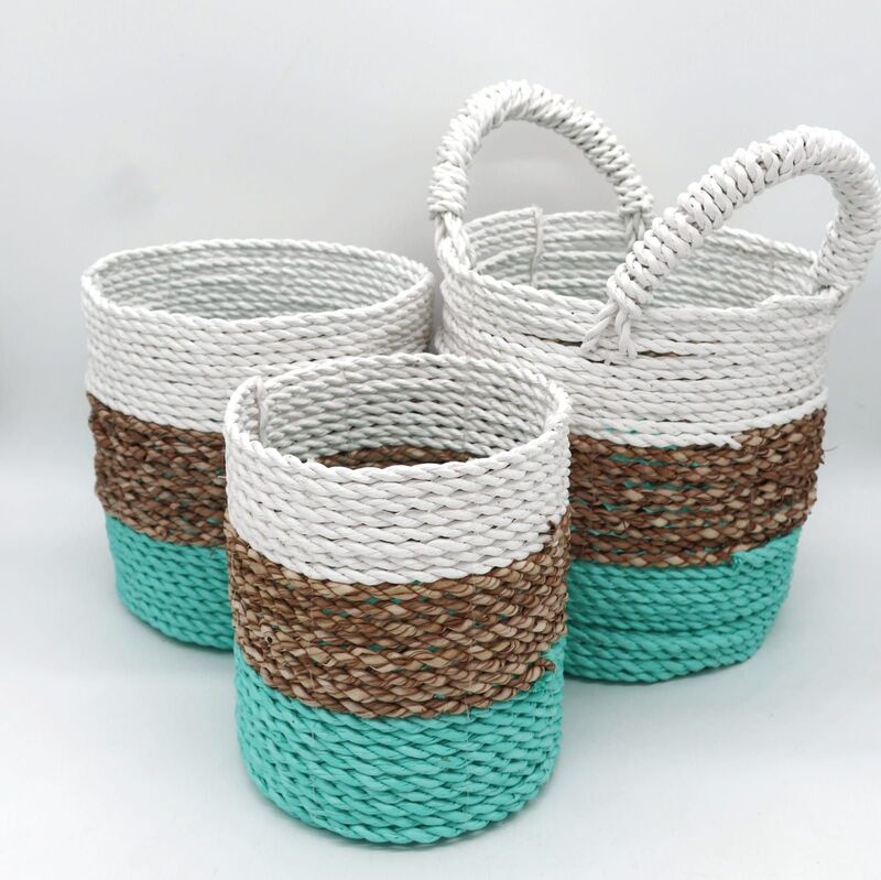 Handwoven Seagrass Basket Set - Natural / Green / White - 3 Sizes