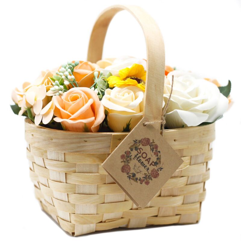 Orange Rose Hyacinth Sunflower Wicker Basket Bouquet - 10 Roses, 2 Hyacinths, 1 Sunflower