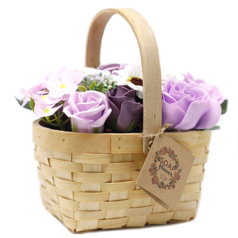 Large Lilac Bouquet With Roses, Hyacinths & Sunflower In Wicker Basket