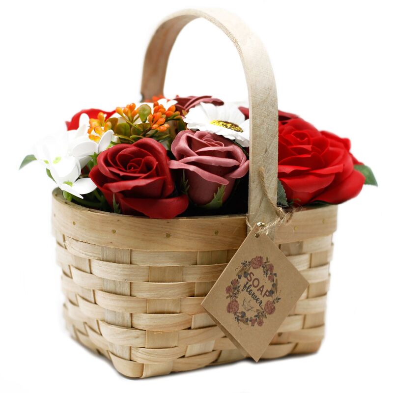 Large Red Rose, Hyacinth & Sunflower Bouquet In Wicker Basket - 10 Roses, 2 Hyacinths, 1 Sunflower