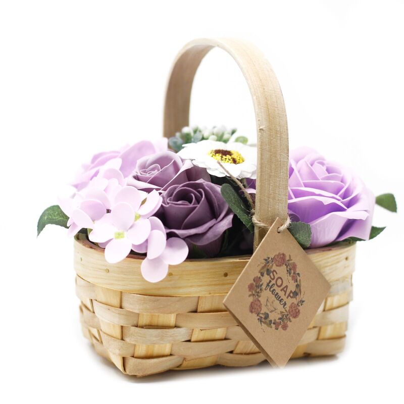 Medium Lilac Bouquet With Roses, Hyacinths, Sunflower In Wicker Basket - 9 Flowers, 1 Foliage