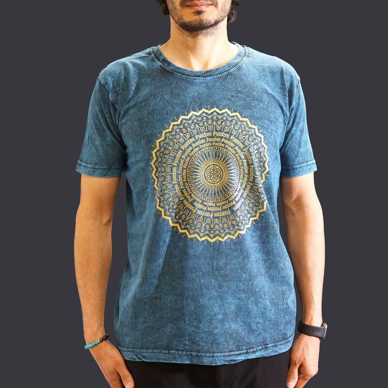 Premium Cotton T-shirt - Stone Washed, Mandala Print, Relaxed Fit, Blue