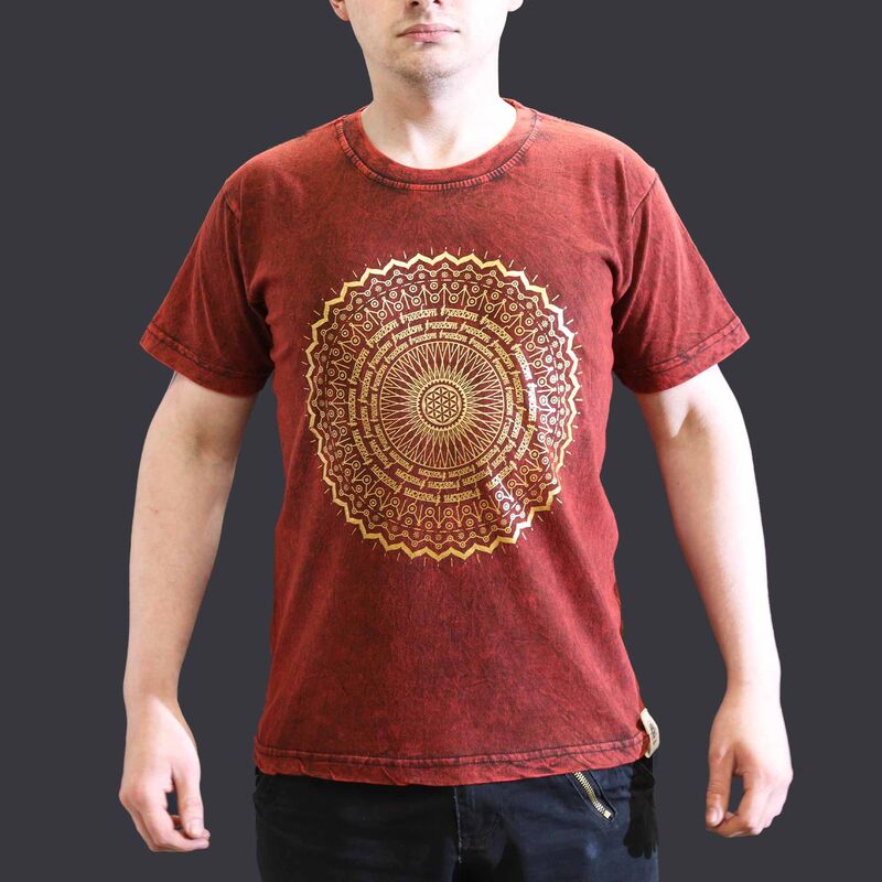 Stone-washed T-shirt With Mandala Print - Small Maroon