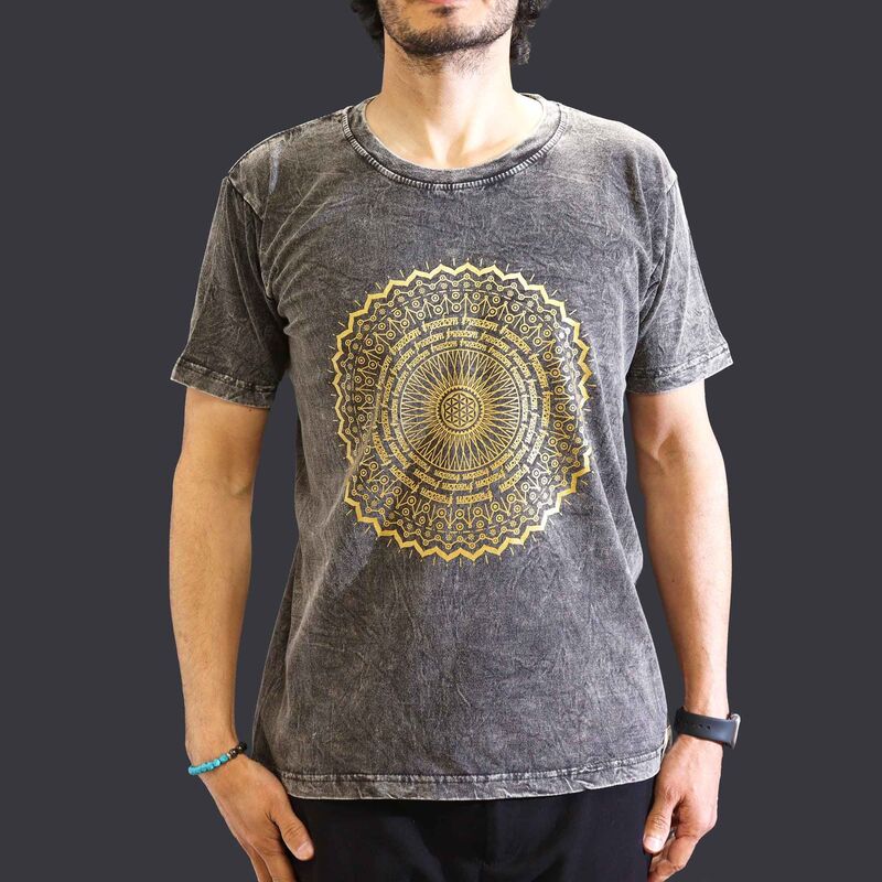 Cotton Stone-washed T-shirt - Mandala Print - Dark Grey