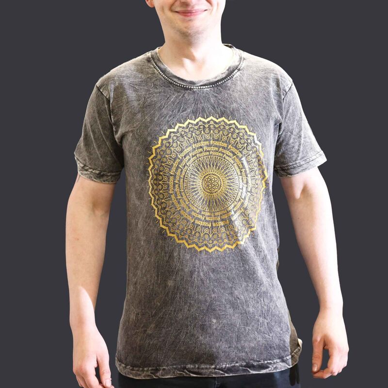 Stone-washed Cotton T-shirt - Mandala Print - Dark Grey