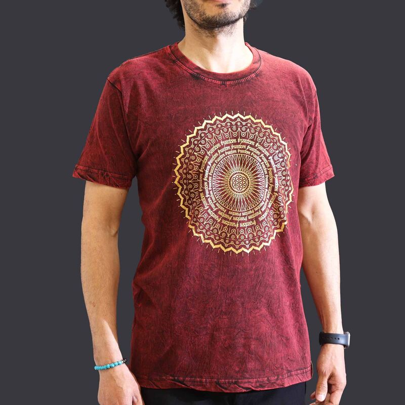 Stone Washed T-shirt - Mandala Graphic - Maroon - Premium Comfort