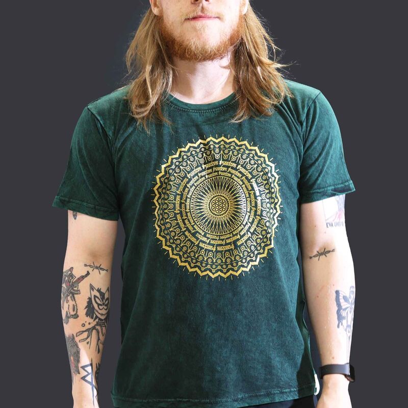 Stone-washed Cotton T-shirt - Mandala Print - Relaxed Fit - Green