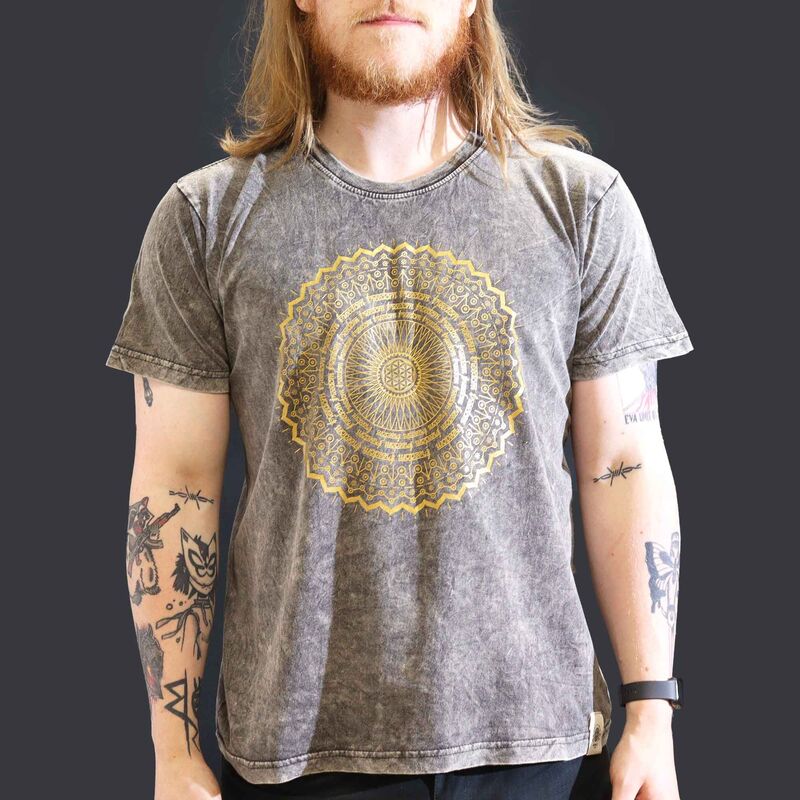 Stone Washed T-shirt - Large - Mandala Print - Dark Grey