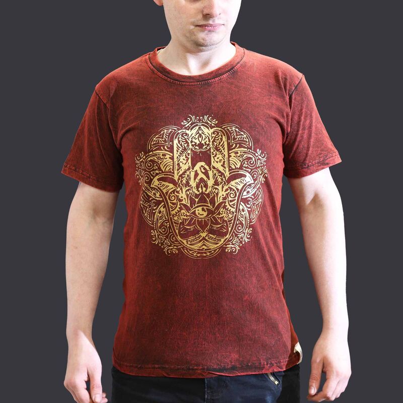 Stone Washed T-shirt - Hamsa Print - Relaxed Fit - Premium Cotton - Maroon
