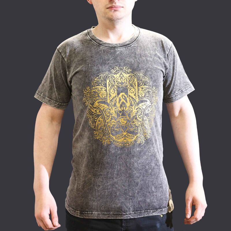 Stone Washed T-shirt - Hamsa Motif - Dark Grey