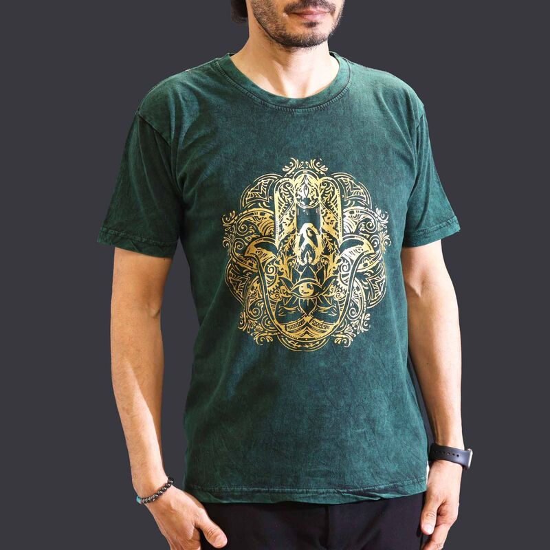 Medium Stone Washed T-shirt - Hamsa Motif - Forest Green