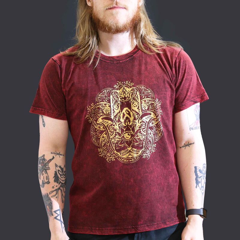 Stone Washed Cotton T-shirt - Hamsa Design - Relaxed Fit - Maroon