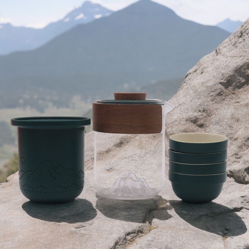 Ceramic Travel Teapot Set With Infuser & 4 Cups - Mountain Design - Green/cream