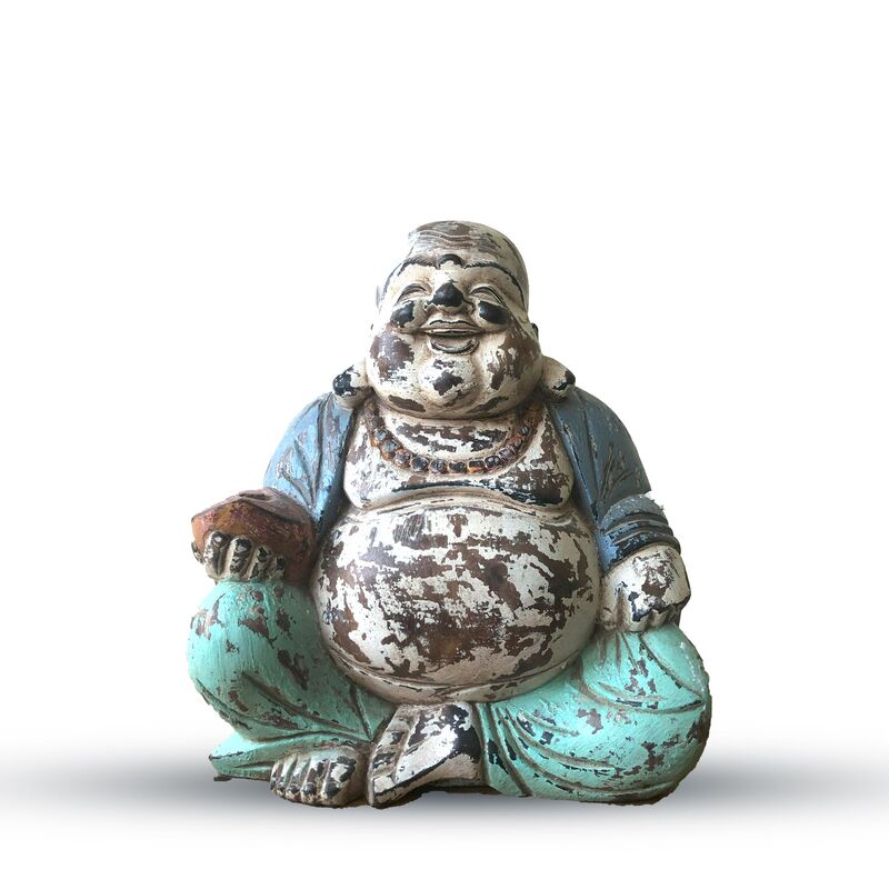 Hand Carved Buddha Statue - Vintage Blue Mint 30cm - Happy Buddha