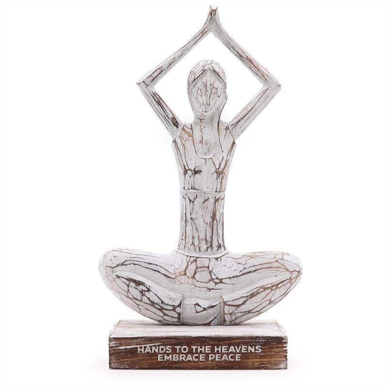 Wooden Yoga Lady - Whitewash Finish - Hands Up Pose Decorative Figurine