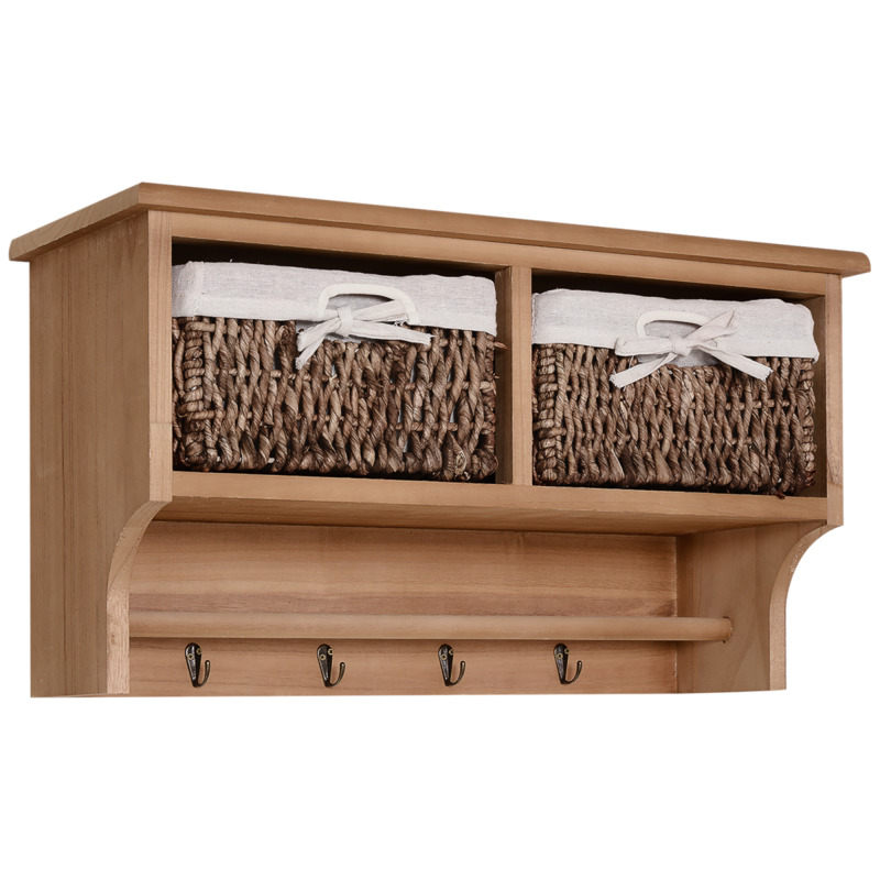 Homcom Brown Wall Mounted Coat Rack With 2 Cube Shelves & 2 Pullout Baskets
