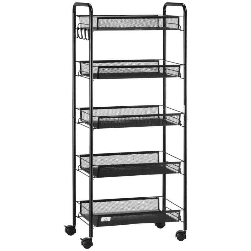 Homcom Steel 5-tier Rolling Utility Cart With Removable Mesh Baskets - Black