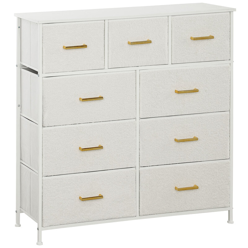 Homcom Boucle Fabric Chest Of Drawers - 9 Drawers, Cream White, Gold Handles