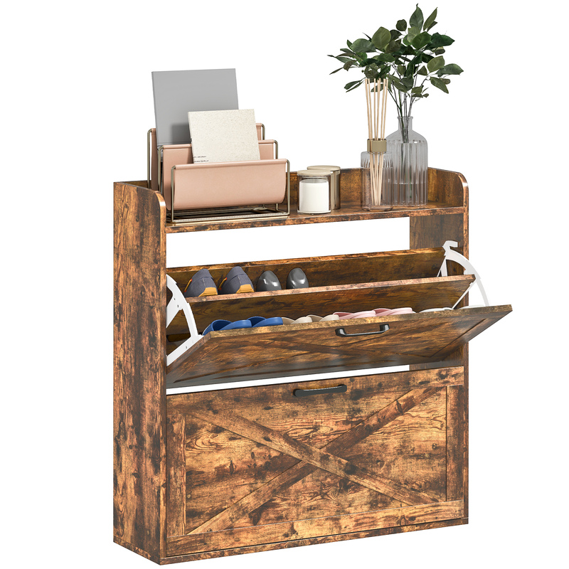 Homcom Farmhouse Slim Shoe Cabinet Rustic Brown - Holds 16 Pairs, Adjustable Shelves