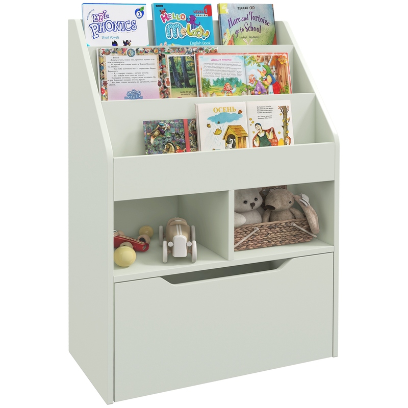 Homcom Kids Bookcase Toy Box With Storage Drawer And Wheels - Green