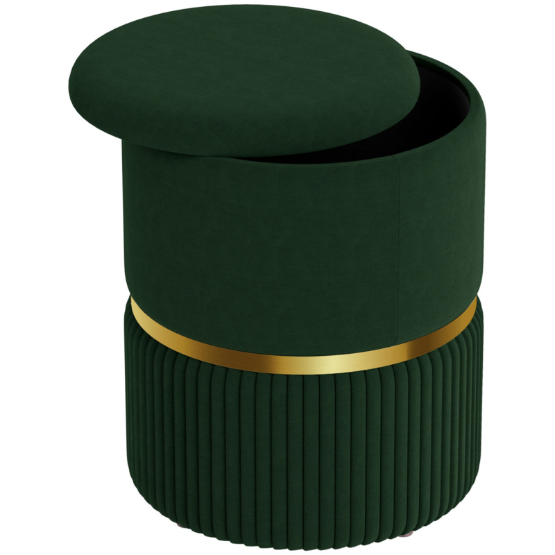 Homcom Dark Green Velvet-feel Storage Pouffe Stool - Round Footrest With Hidden Compartment